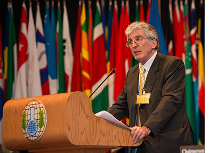 Dr Bob Mathews accepting his award at The Hague. Photo courtesy of Henry Arvidsson/OPCW.